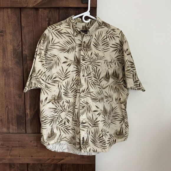 VTG Woolrich Mens XL Button Down Shirt Made In USA sailboats Palm Aloha beige - Picture 1 of 8